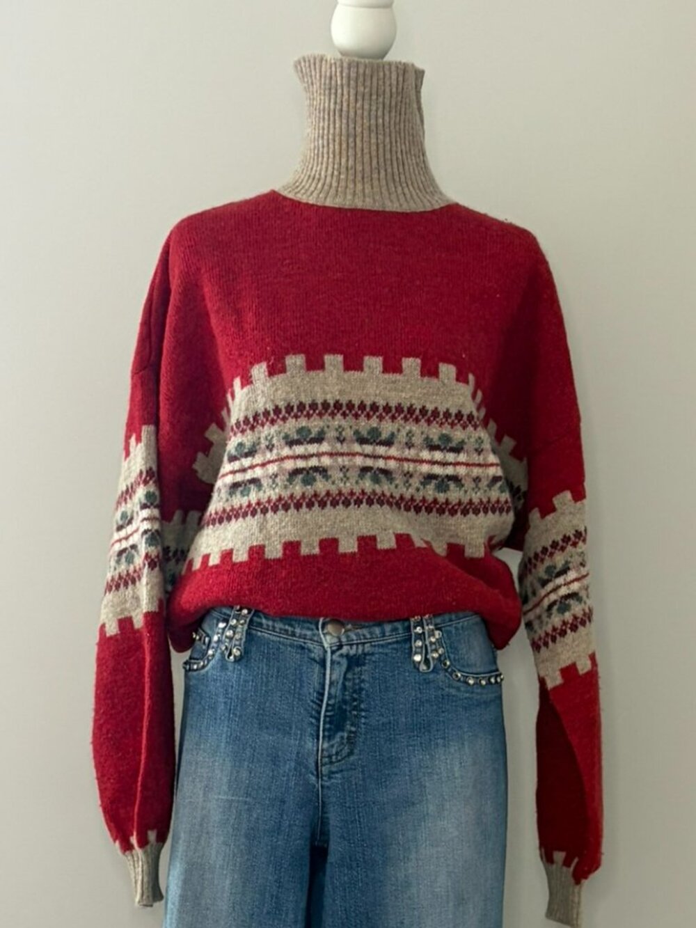 Vintage Sisley Italy Nordic Fair Isle Turtleneck Sweater M 100% Pure Virgin Wool